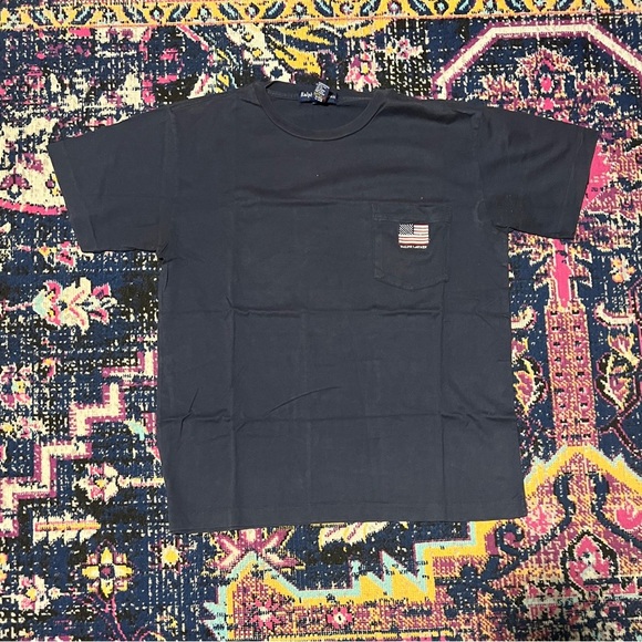 VINTAGE Polo Ralph Lauren Blank Pocket T-shirt Men Medium Blue Flag Logo - Picture 1 of 1